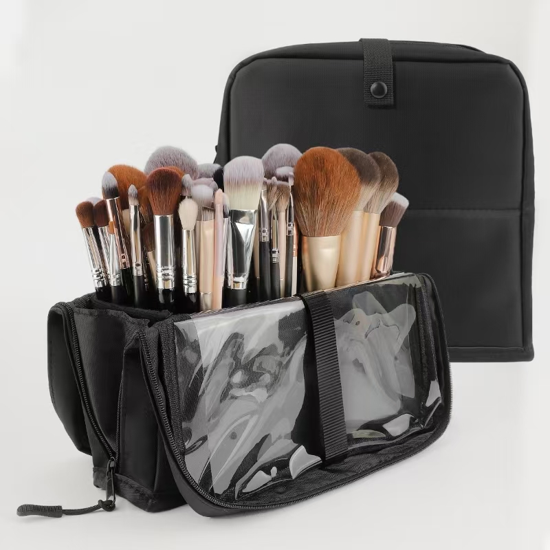 Beauty Bag Makeup - حقيبة مكياج كبيرة سوداء قابلة للطي،